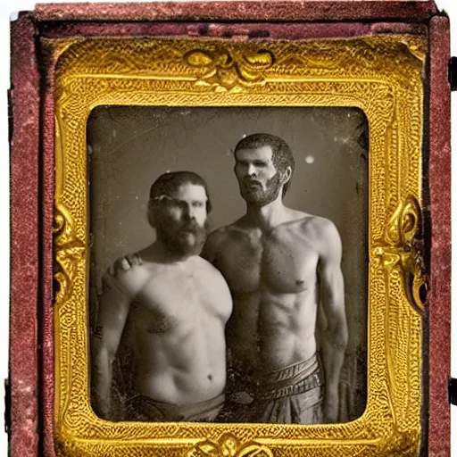 Prompt: spartan man and his helot slave, helot, ancient sparta, daguerreotype photograph, ancient photograph