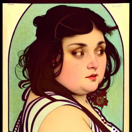 Image similar to A portrait of a plump woman, a cute art neuveau woman with straight brown hair in a Bob, no bangs, brown eyes, full face, olive skin, romanian heritage, medium shot, mid-shot, 8k, by mucha