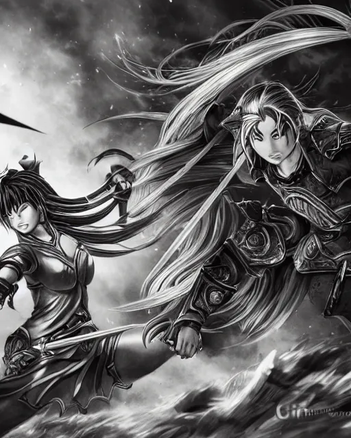 Image similar to Two female warriors fighting, black and white, highly detailed face, close-up, fantasy art, fighting art, in the style of masami kurumada, illustration, epic, fantasy, intricate, hyper detailed, artstation, concept art, smooth, sharp focus, ray tracing