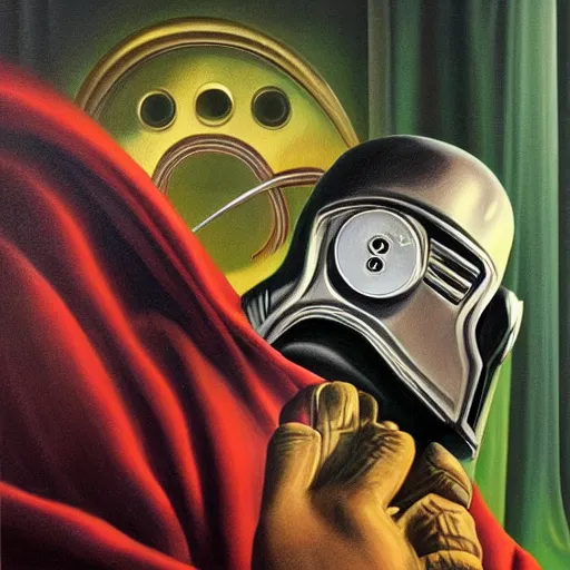 Image similar to beautiful lifelike painting of mf doom sets phaser to stun, hyperreal detailed facial features and uv lighting, art by ed roth and basil wolverton