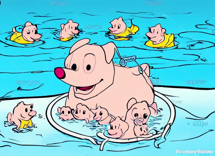 Prompt: one dalmatian piglet surrounded by chickadees in a swimming pool. comic style