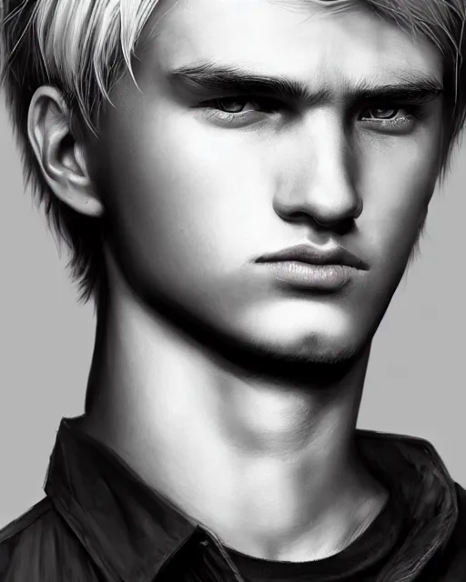 Image similar to portrait a 1 5 - year - old boy, with slender, white - blond hair, cold grey eyes, a pale complexion with sharp and pointed features, wearing black clothes, hyper realistic face, beautiful eyes, character art, art by mark brooks, hyperdetailed, cryengine, trending on artstation, digital art