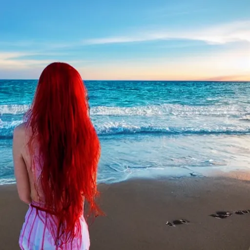 Image similar to red haired girl on beach with a palm tree