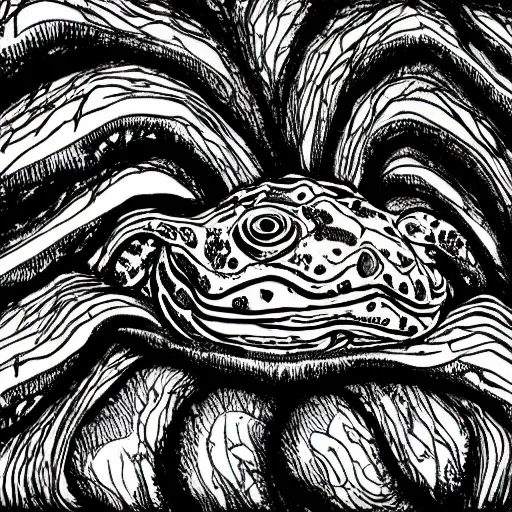 Image similar to deep camouflage angry toad evil eyes poking out eyes from under the water ultra sharp blur background simple background deep brown psychedelic contour ink drawing