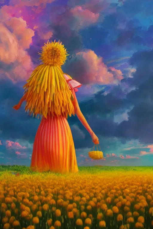 Image similar to giant corn flower head, girl walking in a flower field, surreal photography, sunrise, dramatic light, impressionist painting, colorful clouds, digital painting, artstation, simon stalenhag