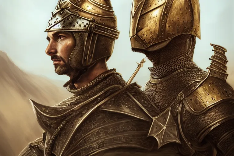 Image similar to Portrait of a handsome king in the desert, Medieval Warrior, detailed scene, Armour and Crown, Sword, photo realistic, highly detailed, dramatic lighting, trending on artstation, elegant, intricate, character design, motion and action and tragedy, fantasy, D&D, highly detailed, digital painting, concept art