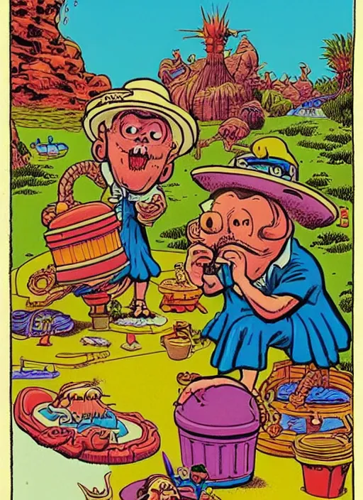 Image similar to dramatic color photo of dadcore occult wizards on vacation by basil wolverton by robert crumb by william eggleston in the style of a garbage pail kids card, play - doh, ultra realistic, concept art