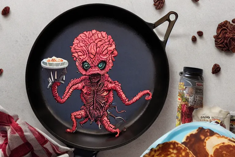 Image similar to demogorgon stands next to the stove and bakes pancakes in a frying pan