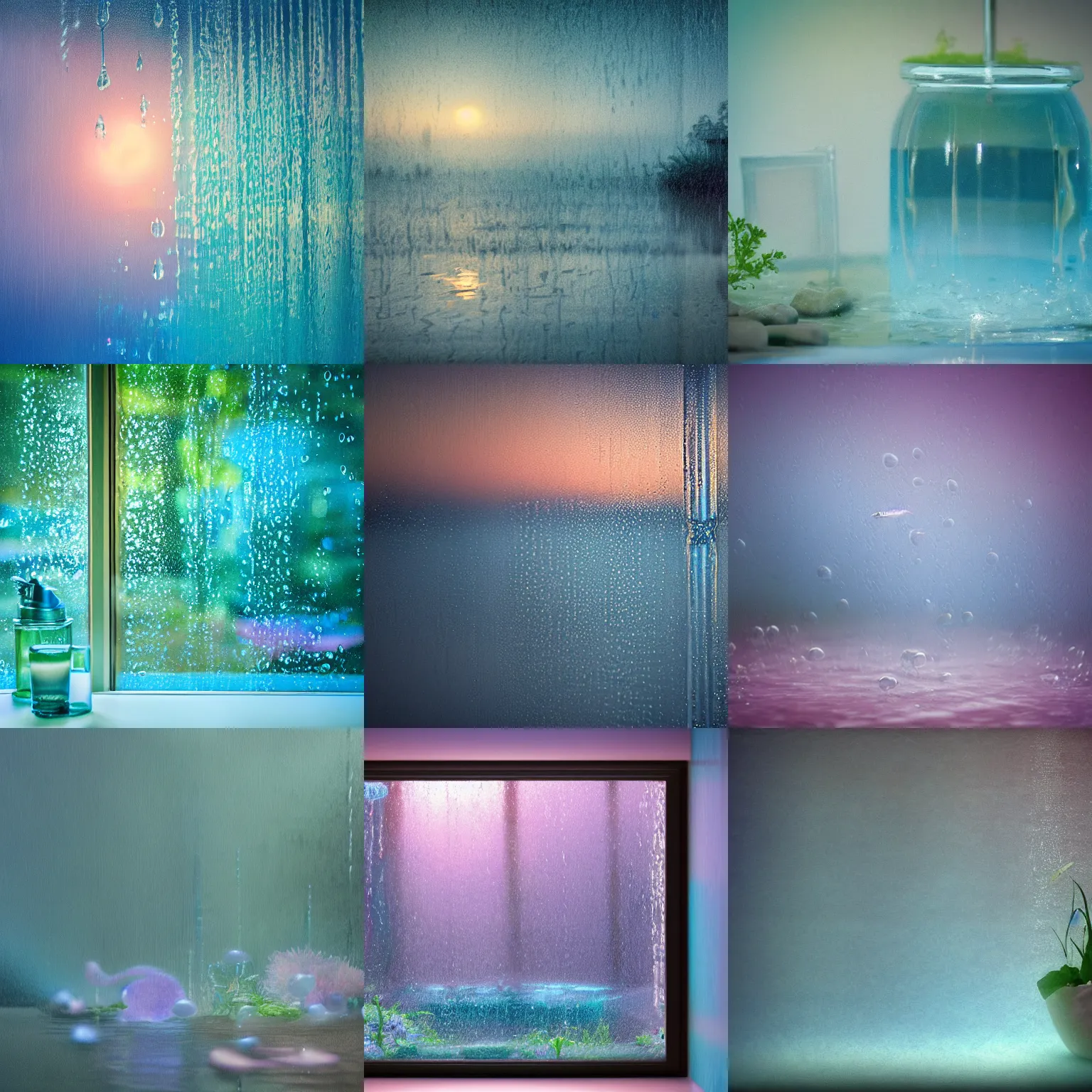 Prompt: closeup fantasy with water magic, at gentle dawn blue light, telephoto 7 0 mm f / 2. 8 iso 2 0 0 in a pastel dreamstate art style. ( computer screens, window ( rain ), sink, lamp ( ( ( fish tank ) ) ) ), ambient light.