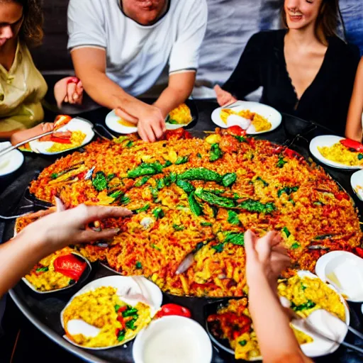 Prompt: six people around a table with a big dish of paella valenciana