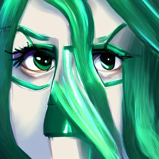 Image similar to a beautiful cyclops girl with green hair wearing a labcoat, digital art