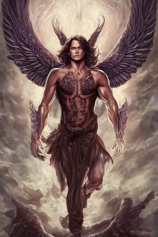 Image similar to handsome! Sam Winchester as a muscular angel wings wide open whole body tattooed with runes and religious symbols, urban fantasy romance book cover, D&D!, fantasy style, sharp focus!, ultra detailed, art by Artgerm and Peter Andrew Jones, WLUP