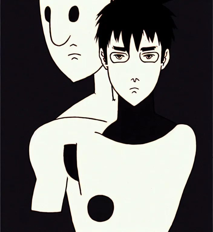 Image similar to white man with black fabric mask, short dark hair, true anatomy!, art by hayao miyazaki