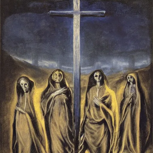 Image similar to A Holy Week procession of four souls in a Spanish landscape at night. A figure at the front holds a cross. El Greco, Remedios Varo, Salvador Dali, Carl Gustav Carus, John Atkinson Grimshaw. Blue tint. Symetrical, logo, geometric shapes.