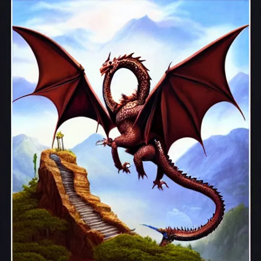 Image similar to Dragon perched on a mountain, matte painting by Anne Stokes