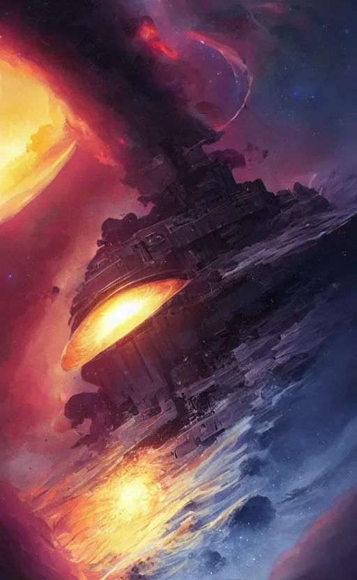 Image similar to a beautiful illustration of a black hole devouring a pirate ship in a galactic nebula, art of greg rutkowski and magali villeneuve and artgerm, featured on artstation, vertical orientation, paint brush strokes