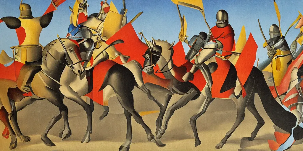 Prompt: italian futurism styled painting of a medieval knight cavalry charge