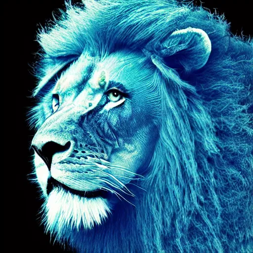 Image similar to blue glowing lion, realistic, black background