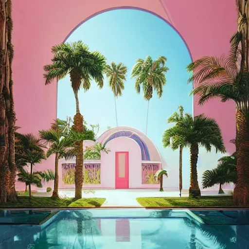 Image similar to indoor liminal space, golden light, palm trees, pink door, minimalistic, hyperrealistic surrealism, award winning masterpiece with incredible details, epic stunning, infinity pool mirrors, a surreal vaporwave liminal space with mirrors, highly detailed, trending on artstation, artgerm and greg rutkowski and alphonse mucha, daily deviation