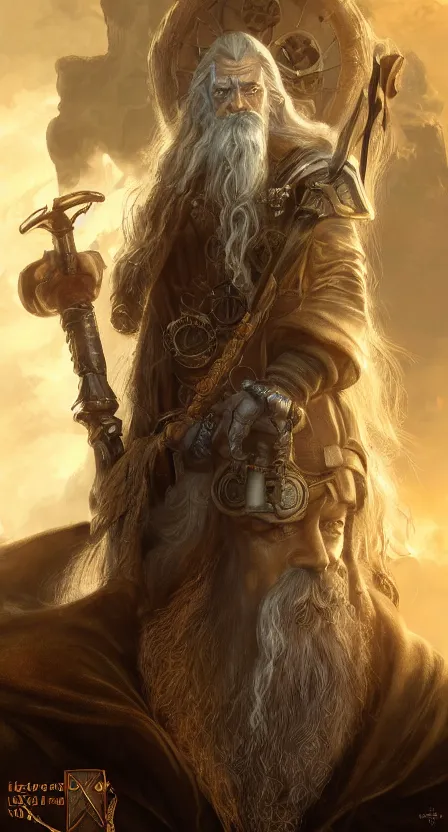 Image similar to steampunk gandalf ultra detailed fantasy, elden ring, realistic, dnd character portrait, full body, dnd, rpg, lotr game design fanart by concept art, behance hd, artstation, deviantart, global illumination radiating a glowing aura global illumination ray tracing hdr render in unreal engine 5