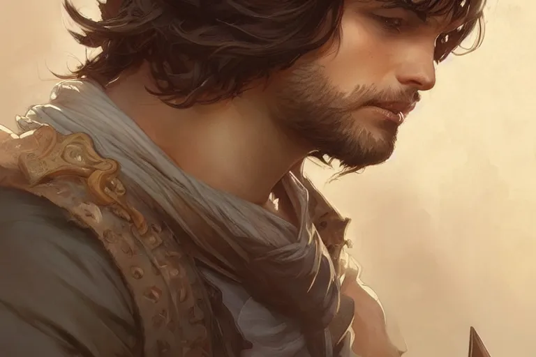 Image similar to handsome boy with brown hair, western, D&D, fantasy, intricate, elegant, highly detailed, digital painting, artstation, concept art, matte, sharp focus, illustration, art by Artgerm and Greg Rutkowski and Alphonse Mucha