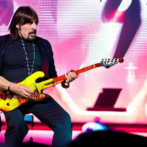 Prompt: dr brian cox thrashing his electric guitar on stage