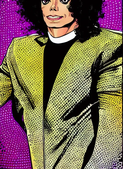 Image similar to dynamic macro head portrait of beautifu michael jackson super hero in white sequined jacket by cory walker and ryan ottley and jack kirby and barry windsor - smith, comic, illustration, photo real
