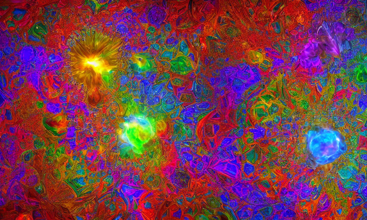 Image similar to acrylics blob voronoi engine laboratory 3 d volume kaleidoscope mandala fractal chakra digital multicolor stylized concept substance liquid nebula stone, a spectacular view cinematic rays of sunlight comic book illustration, by john kirby radiating a glowing aura global illumination ray tracing hdr depth fog overlay multiply photoshop layer