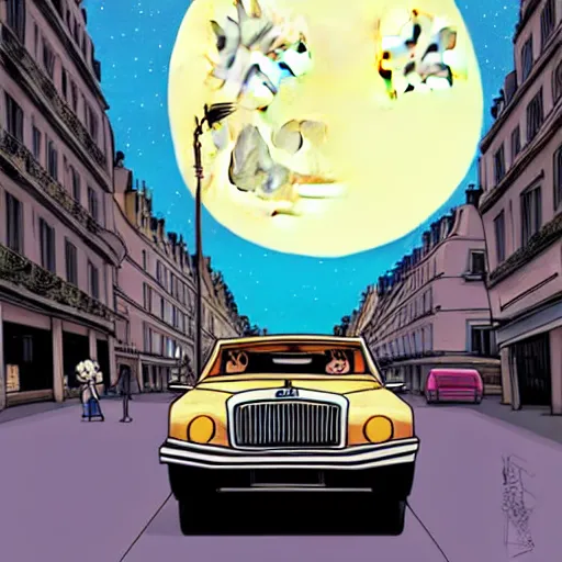 Image similar to a study of cell shaded cartoon of limousine from howl's moving castle ( 2 0 0 4 ) on the streets of paris, in front of a big moon, full body, wide shot, very muted colors, post grunge, studio ghibli, laurie greasley, highly detailed, deviantart, art by artgem