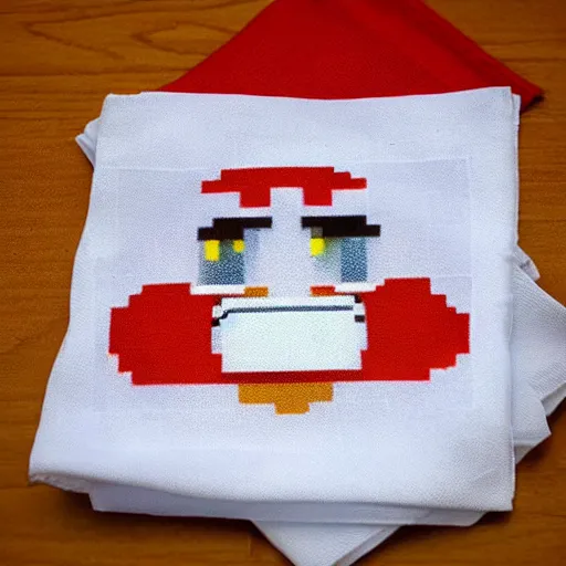 Image similar to super mario, ketchup on a napkin