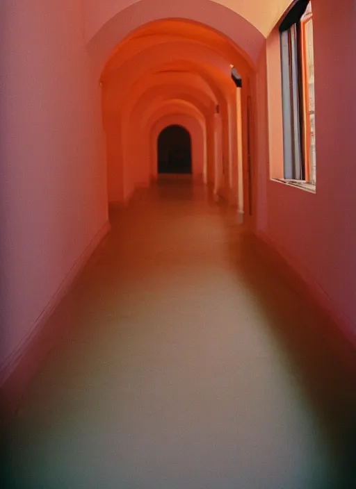 Image similar to a photograph of a minimal hallway with rounded arches lit with soft colorful lighting, 3 5 mm, color film camera, pentax