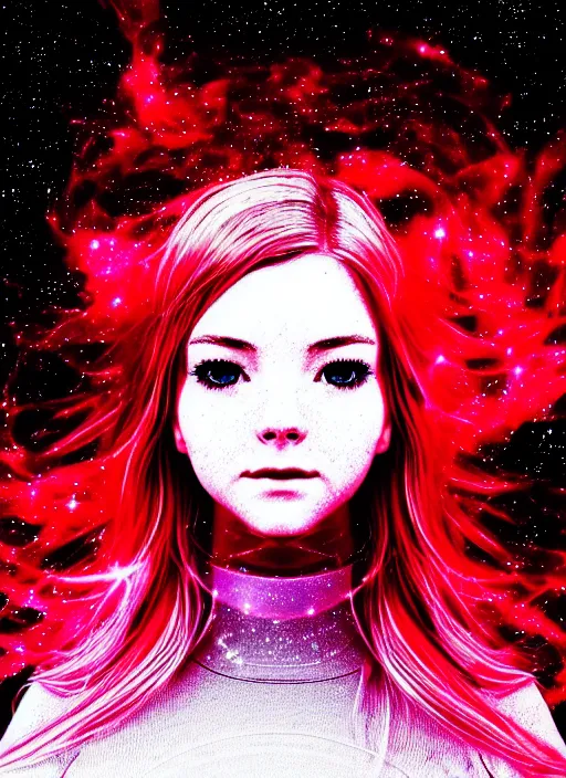 Prompt: highly detailed portrait of a hopeful pretty astronaut lady with a wavy blonde hair, by Brandon Woelfel, 4k resolution, nier:automata inspired, bravely default inspired, vibrant but dreary but upflifting red, black and white color scheme!!! ((Space nebula background))