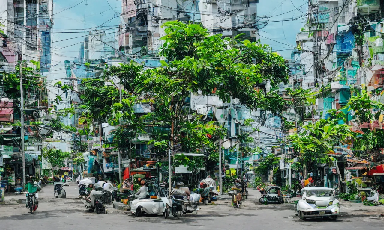 Image similar to Street scene of a utopian futuristic Manila with green plants and organic white buildings and Filipino architecture