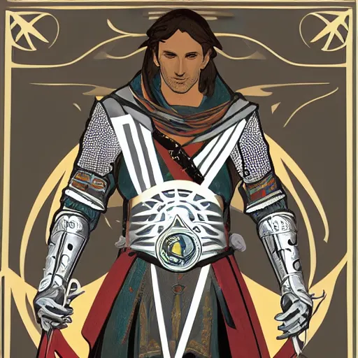 Prompt: an ultra detailed vector image of solaire of astora dressed as ezio auditore, concept art by alphonse mucha and greg rutkowski, praise the blood moon, octane render, liminal space