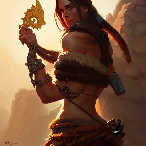 Image similar to barbarian, female, D&D, fantasy, intricate, elegant, highly detailed, digital painting, artstation, octane render, concept art, matte, sharp focus, illustration, hearthstone, art by Artgerm and Greg Rutkowski and Alphonse Mucha