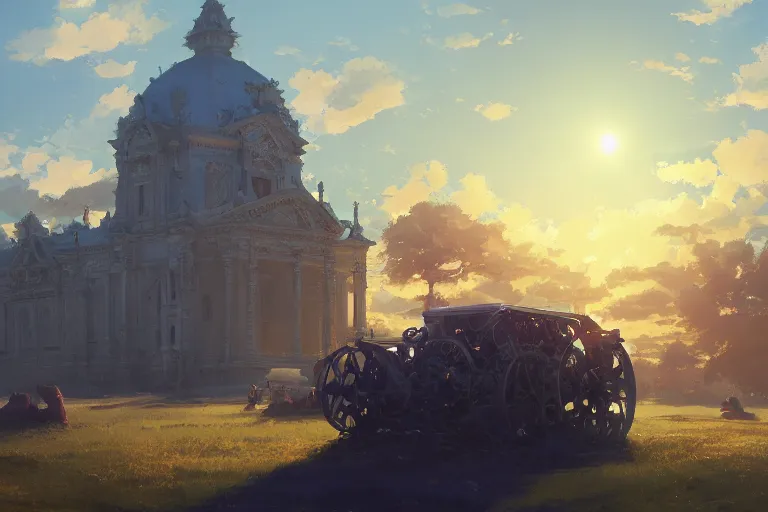 Image similar to a mobile driving ornate baroque church mounted on chaindrive, scene in an open field. key visual, conceptart, ambient lighting, highly detailed, digital painting, artstation, concept art, sharp focus, by makoto shinkai and akihiko yoshida and greg manchess