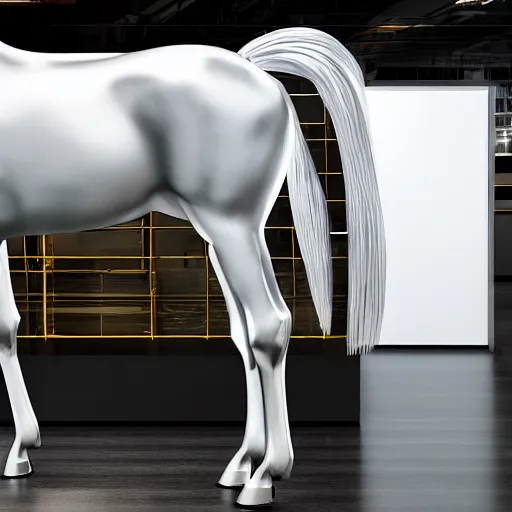 Image similar to cinematic photoshoot of clean modern hand crafted super futuristic tech horse sculpture pro display xpr luxury smooth color metal white silver with black leather padding well design ultrareallistic detailed high quality 8 k photorealistic ultra realistic