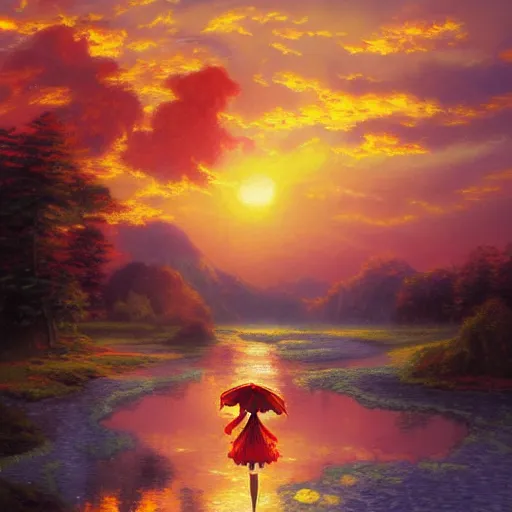 Prompt: Classical oil painting of Flandre Scarlet at sunset by Thomas Kinkade, beautiful anime portrait, official artwork, stylistic, Touhou character, brush strokes, oil, canvas