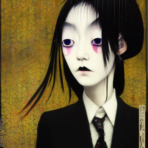 Image similar to yoshitaka amano blurred and dreamy realistic portrait of a young woman with black lipstick and black eyes wearing dress suit with tie, junji ito abstract patterns in the background, face in three quarter view, satoshi kon anime, noisy film grain effect, highly detailed, renaissance oil painting, weird portrait angle, blurred lost edges