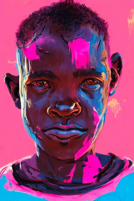 Image similar to portrait of a african young boy nor living in a death postapoliptic world, painted in acrylic, pigment, in the colors hot pink and cyan, beautiful realistic face, rule of thirds, soldier outfit, spotlight, by greg rutkowski, by jeremy mann, by francoise nielly, by van gogh, digital painting