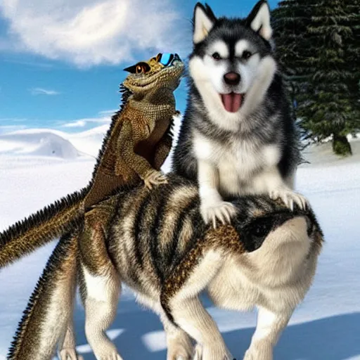 Image similar to bearded dragon riding the back of a siberian husky, photorealistic