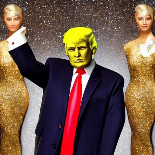 Image similar to Donald Trump with silver-violet hair, white eyes and golden glittery dress, wide lens, diorama, 4k,