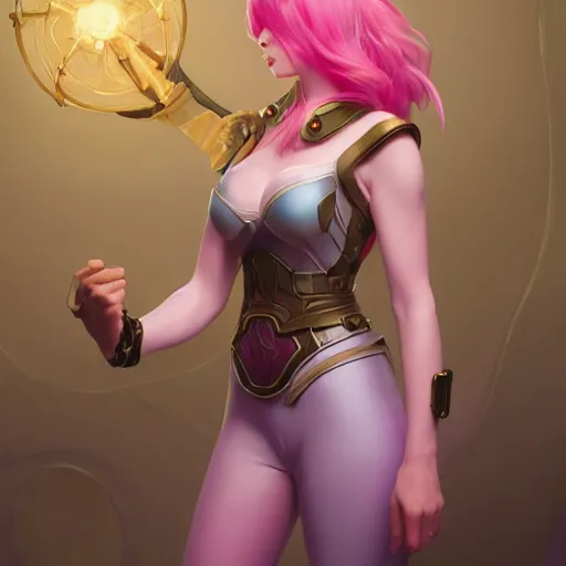 Prompt: VI from League of Legends of Arcane animated Series with short pink hair drawn by Donato Giancola and Makoto Shinkai, Edmund Leighton, Alphonse Mucha, background by James Jean and Gustav Klimt, 4k, porcelain skin, volumetric lighting, komorebi, french nouveau, trending on artstation, octane render, hyperrealistic