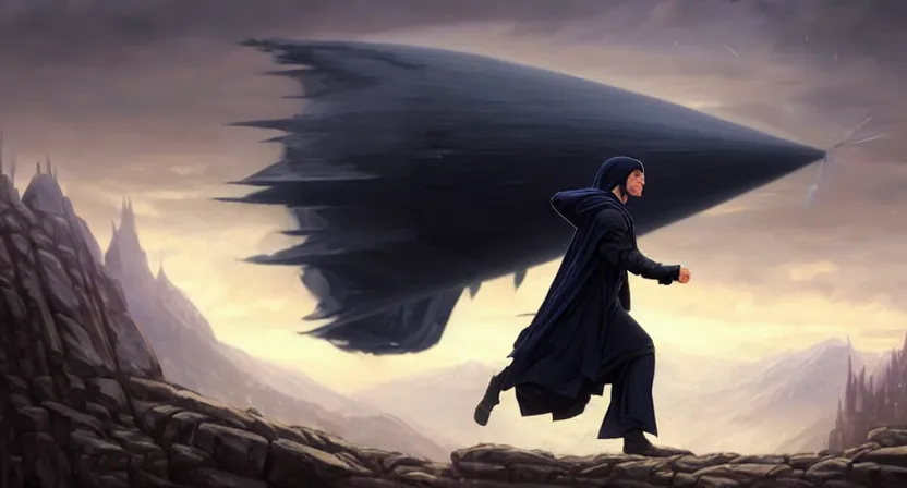 Prompt: handsome mage running away from a giant airship, black hair wearing hooded gothic navy cloak, mountain town, movie action still frame, ultra wide horizon, intricate, elegant, highly detailed, hyperrealism, digital painting, concept art, smooth, sharp, focus, illustration, art by artgerm, greg rutkowski, ilya kuvshinov, alphonse mucha