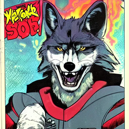 Image similar to 1 9 8 0 s comic book cover scan featuring a portrait of villain male wolf o'donnell anthropomorphic wolf furry fursona from starfox wearing a dark space mercenary uniform, dark grey wolf, handsome eyes, wolf o'donnell