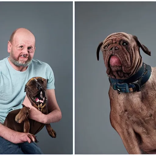 Image similar to worlds ugliest man with his ugly dog, studio photography