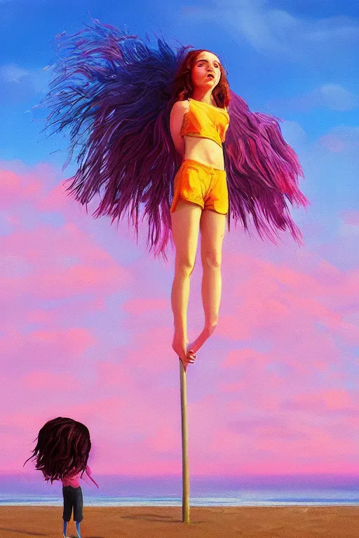 Image similar to closeup huge dahlia flower head, girl standing on beach, surreal photography, blue sky, sunrise, dramatic light, impressionist painting, digital painting, artstation, simon stalenhag