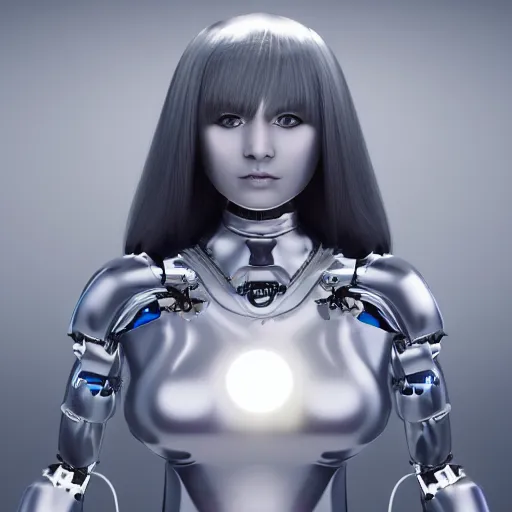 Prompt: womanized humanoid robot made of steel, beautiful face, slightly glowing eyes, big breasts, anatomically correct, futuristic, glowing details, symmetrical, unreal engine, ray tracing, 8 k, uhd, ultrarealistic, highly detailed