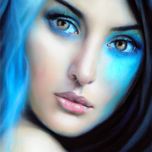 Image similar to Beautiful face Portrait of crying young arab Monica Bellucci, really big blue ocean color huge eyes, blue indygo thunder lightning, long wavy black hair, white veil, blue fire, closeup, focus face, middle eastern, dramatic lighting, intricate, wild, highly detailed, digital painting, artstation, concept art, smooth, sharp focus, illustration, art by artgerm and greg rutkowski and alphonse mucha, footage from space camera