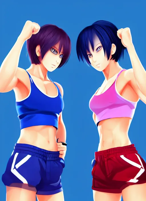 Prompt: two beautiful identical female fighters with short hair facing each other in gym, blue shorts, dim lighting, gorgeous features, high resolution, smooth anime art